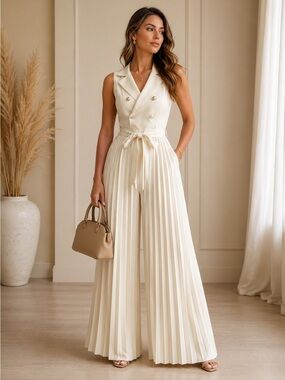NEW - Elegant Apricot Pleated Wide Leg Jumpsuit Double Breasted